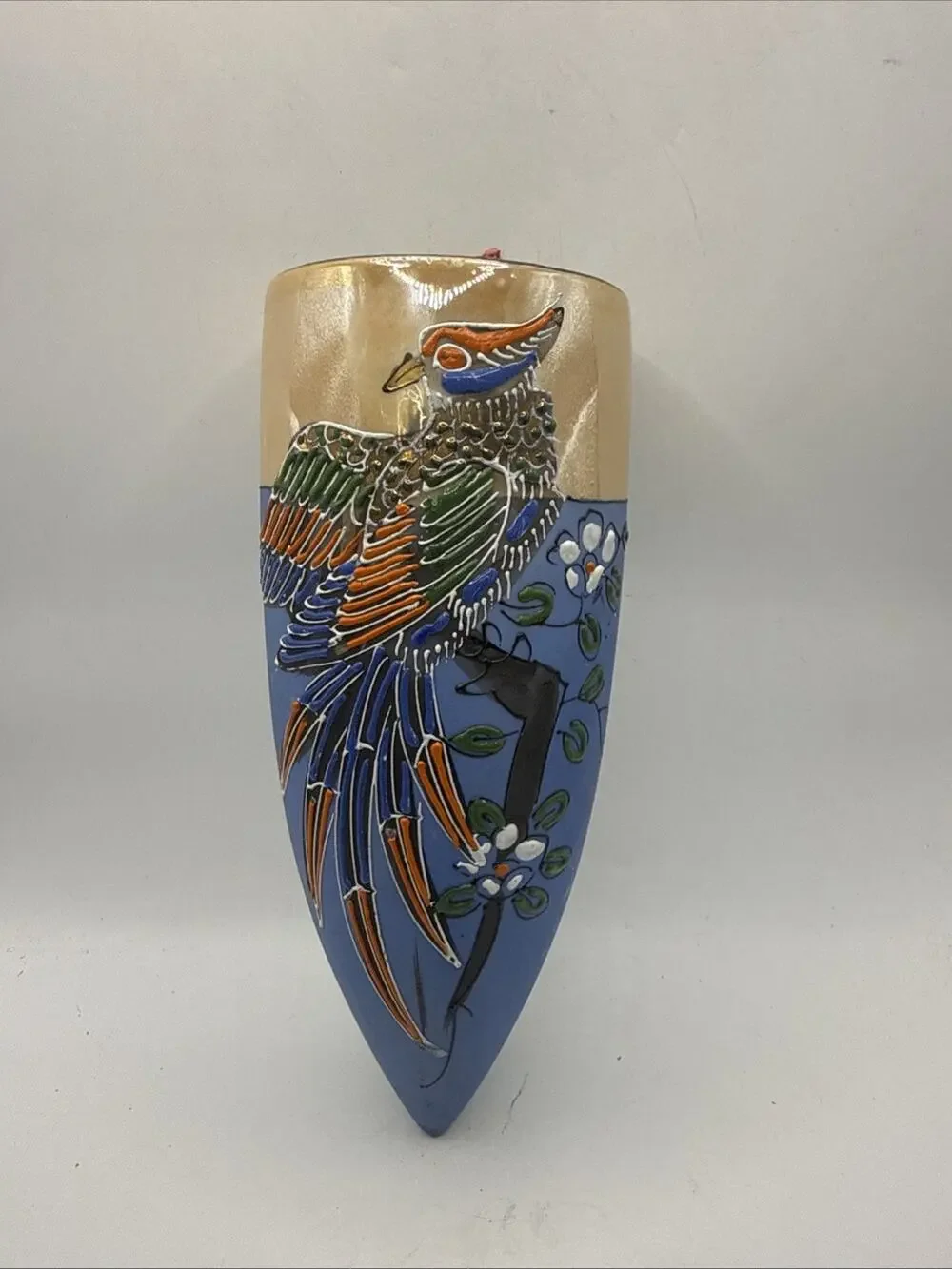 Vintage WALL POCKET Large Peach Lusterware Bird of Paradise 8.5